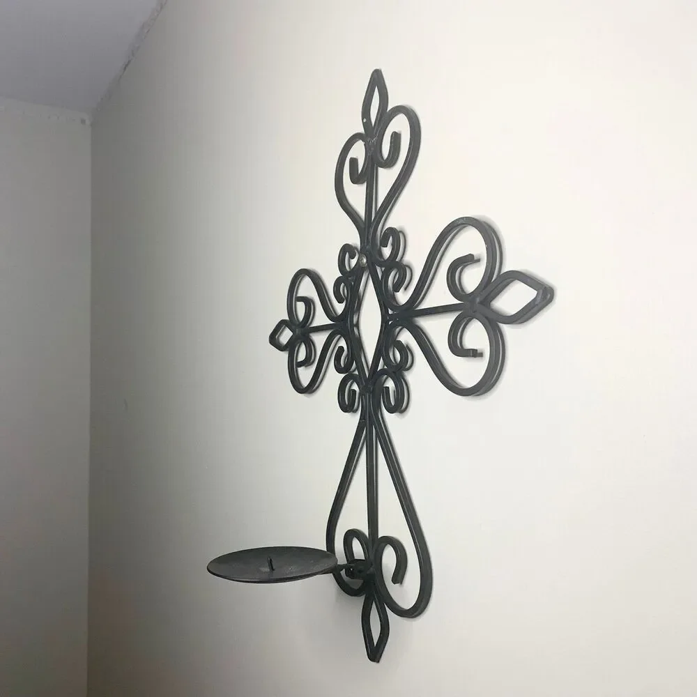 Cast Iron‎ ornate decorative religious Cross candle holder indoor outdoor decor